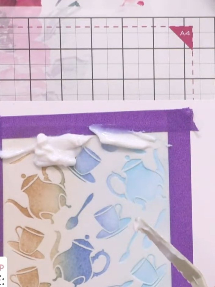 Step 4: Apply Pentel heavy gel medium (glossy) over the dried ink using a stencil. Work the gel medium through the ste
