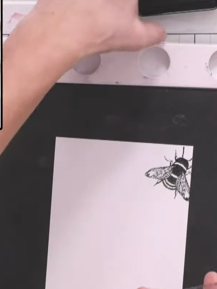 Step 2: Randomly stamp the bee image across your white card panel using black ink. Stamp some bees partially off the e