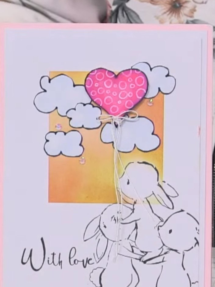Bunny Balloon Card with Hand-Drawn Clouds and Heart - the finished project