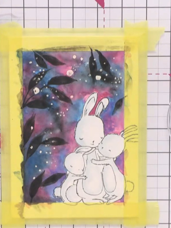 Step 14: Allow the watercolour background and masking fluid to dry completely before proceeding to the next step.
