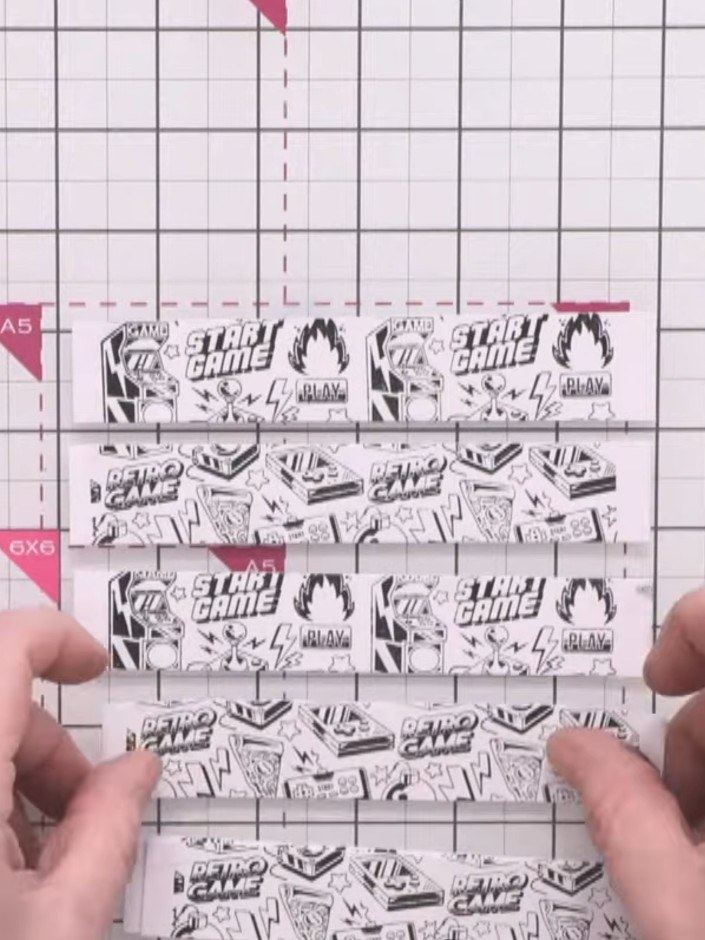 Step 3: Arrange the patterned strips on a 4½ by 6½ inch card base, alternating the gaming pattern so the images contin