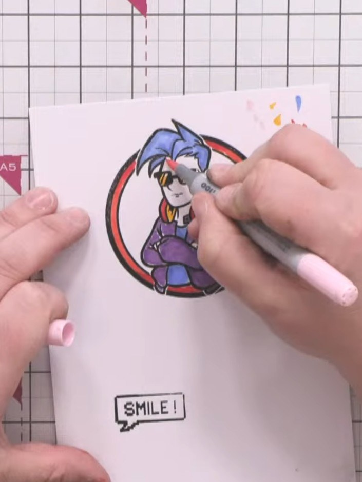 Step 9: Colour the character's face and visible fingers with a pale skin-tone marker. Outline the character with a ver