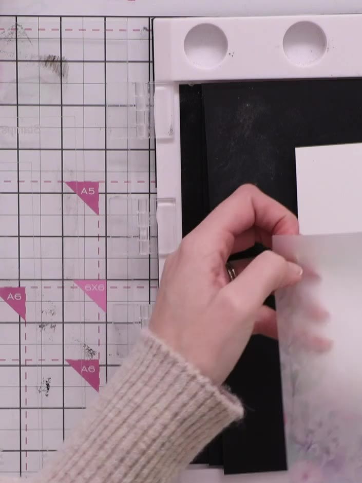 Step 7: Cut a strip of vellum. Using a sticky ink pad, stamp the long sentiment from the set onto the vellum strip.