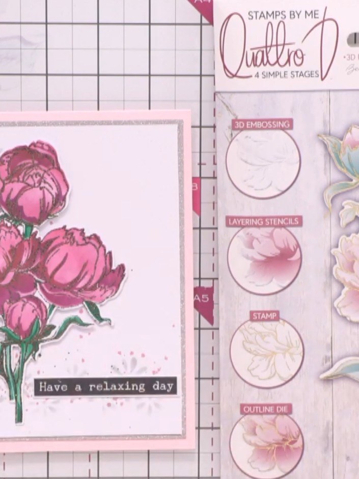 Step 6: Position your finished 3D peony element down the side of your card as a focal point. The completed card featur