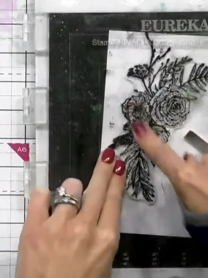 Step 4: Mount the stamped floral image onto a piece of textured grey cardstock to create a backing layer for your desi