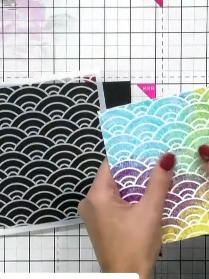Step 1: Position your stencil on white cardstock. Using your fingers, push the glitter paste through the stencil, blen