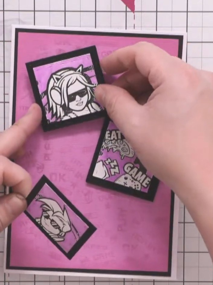 Step 11: Attach foam pads to the back of the stamped character panels and sentiment pieces to create dimension before a