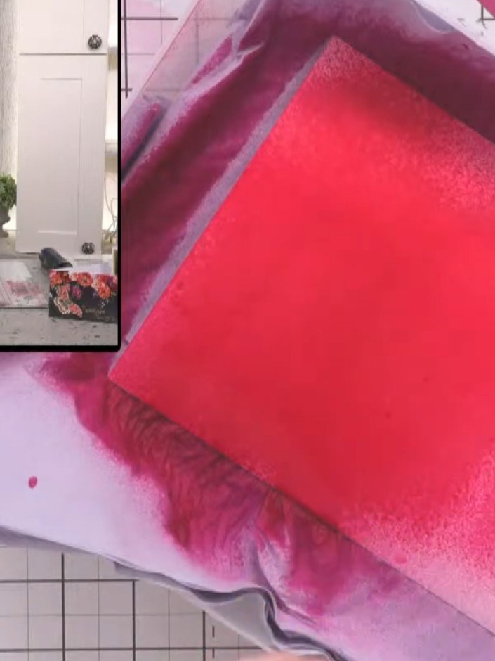 Step 2: Spray the intense pink pearlescent ink across the top of the damp vellum cardstock, applying the colour confid