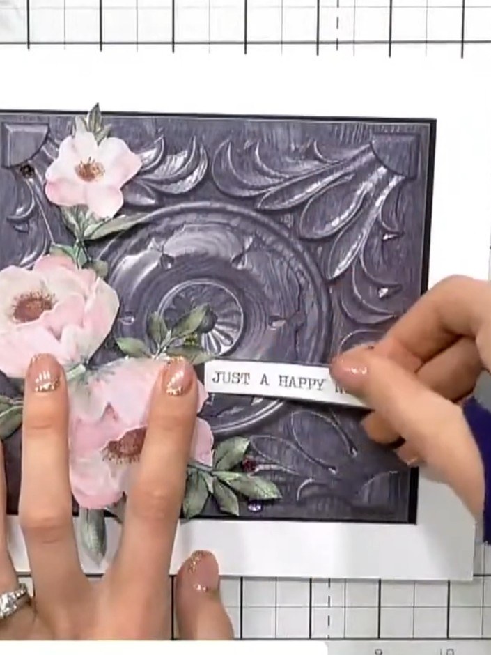 Step 5: Add a sentiment banner to the card front. Enhance the design with sequins or other embellishments as desired t