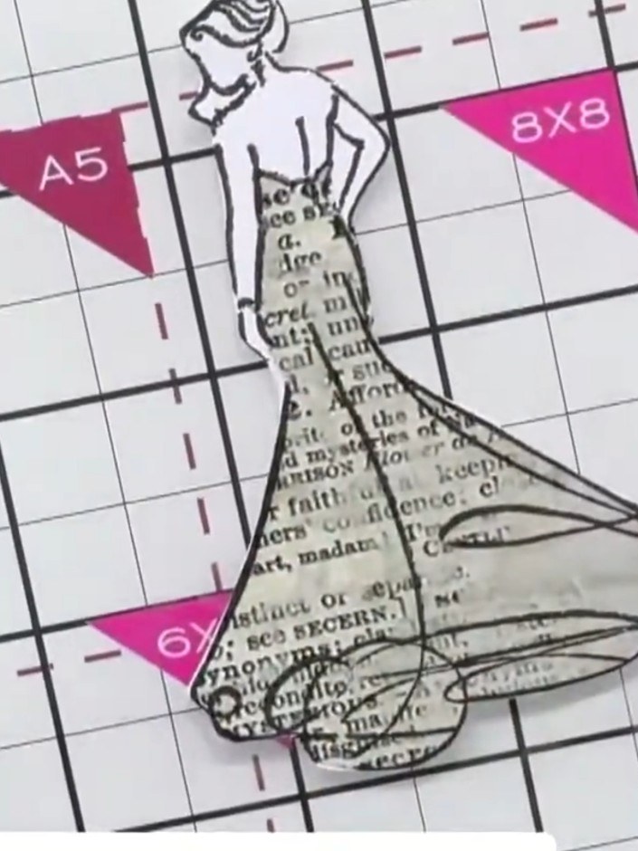 Stap 3: Stamp the same lady figure onto patterned paper from the pad using black ink. The text pattern will show throu