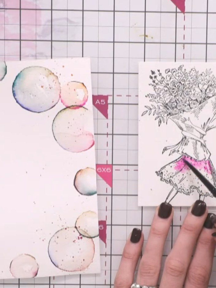 Step 6: Paint the bouquet held by the lady using random pouncing motions with pink watercolour. Focus on adding colour