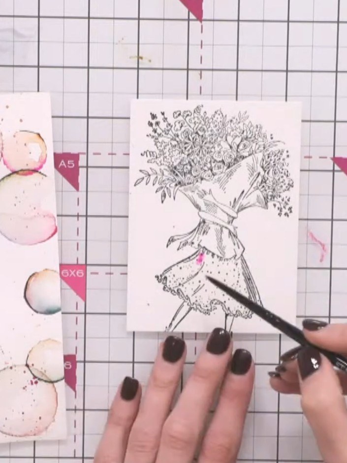 Step 7: Add colour to the leaves within the bouquet using green tones from your watercolour palette. Use the same poun