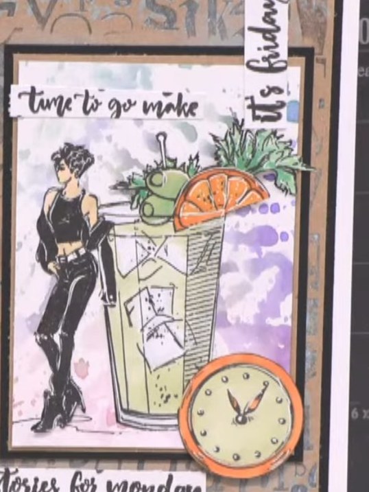 Passo 9: Add the sentiment pieces to your card. The 'time to go make' sentiment goes at the top of the panel, and 'stor