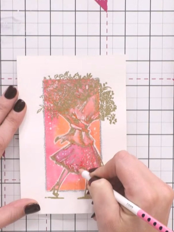 Passo 10: Use a white gel pen to add fine details and outlines around the embossed figure, particularly around the edges