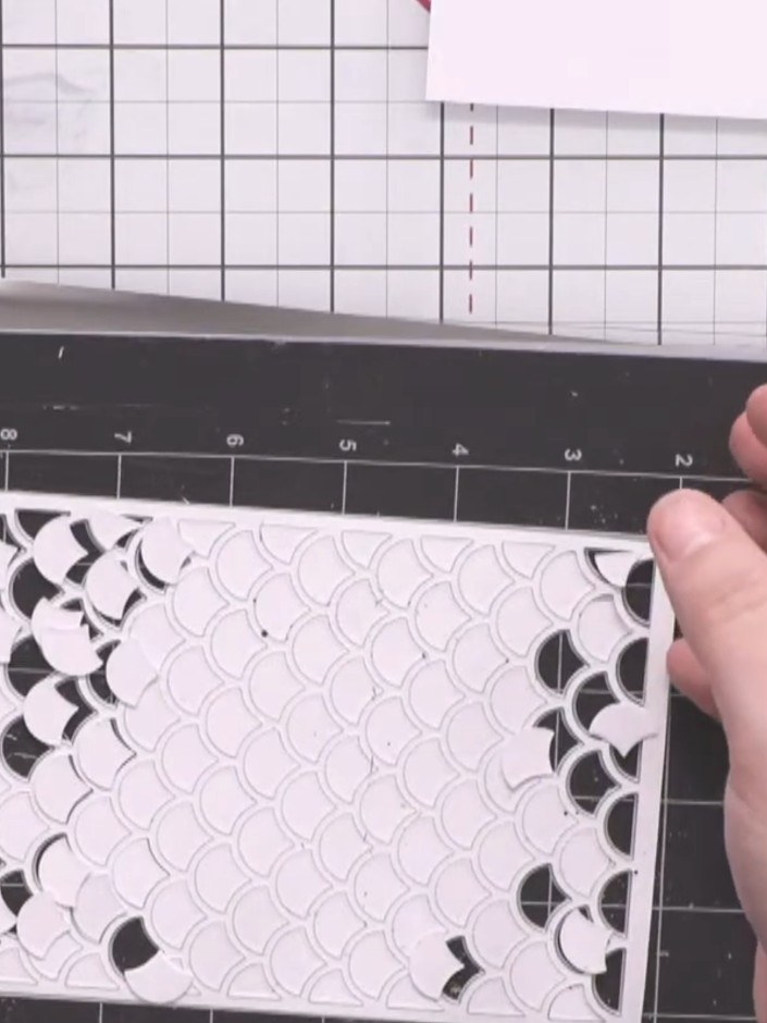 Passo 3: Place the white card panel on the cutting mat with the Stylish Scales die positioned on top. Run through your 