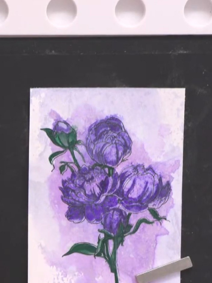 Step 12: Stamp the outline detail in black waterproof ink over the entire stencilled design. Use the Magnolia stamp fro