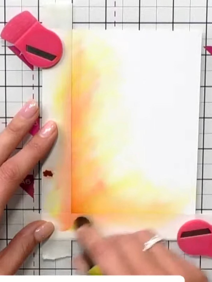 Step 7: Stamp the solid wine bottle image onto your prepared yellow and orange blended background card. Position the s