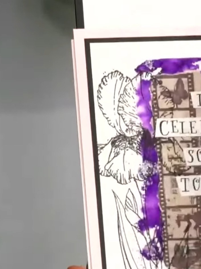 Step 1: Stamp the solid portion of your chosen design onto slimline cardstock using a single purple ink pad. Position 
