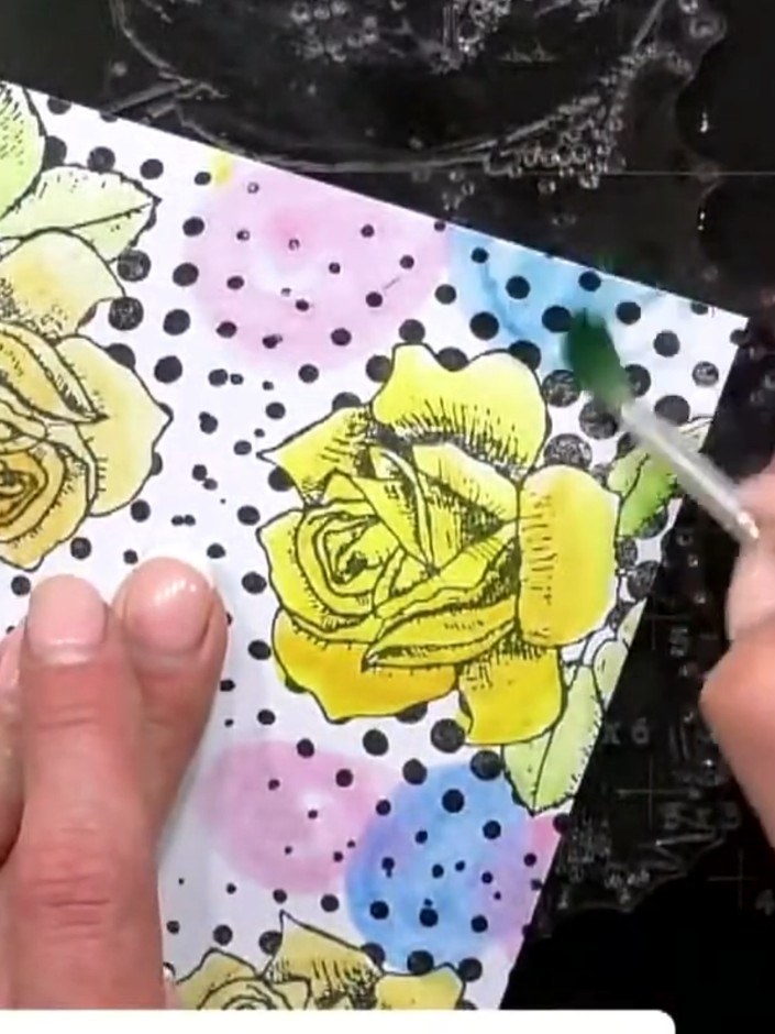 Step 2: Wet the background area around the stamped roses with clean water using a water brush, avoiding the stamped im