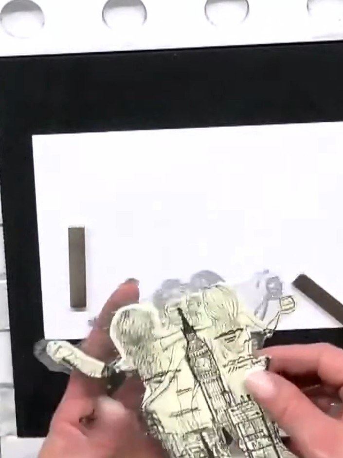 Step 1: Stamp your first image onto rough paper using black ink. Position the stamp on the paper and press firmly to c