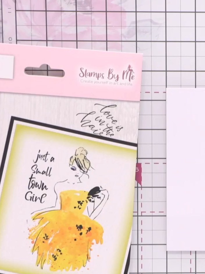 Step 2: Using black ink, stamp the outline portion of the Small Town Girl dress design onto your white card panel to e