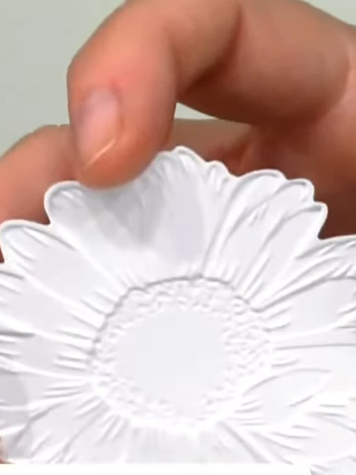Passo 10: Remove the card from the embossing folder to reveal the embossed detail. The 3D effect will be visible on both