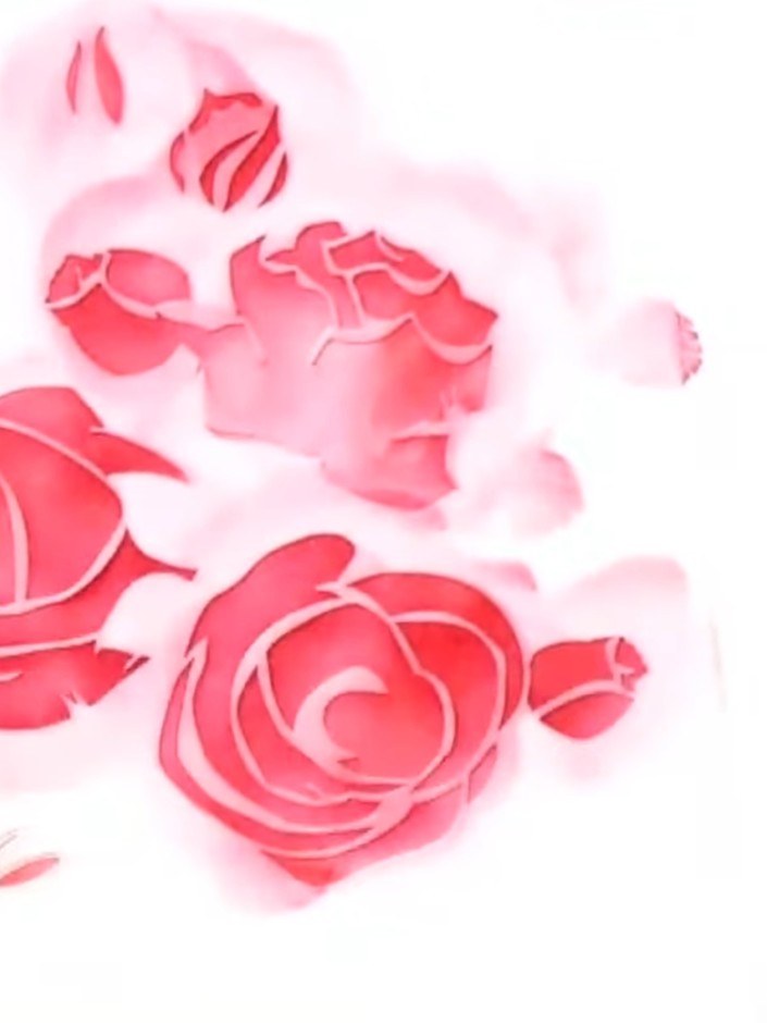 Paso 5: Apply the fourth stencil layer using a darker pink ink to intensify the shadowed areas of the roses. Build up 