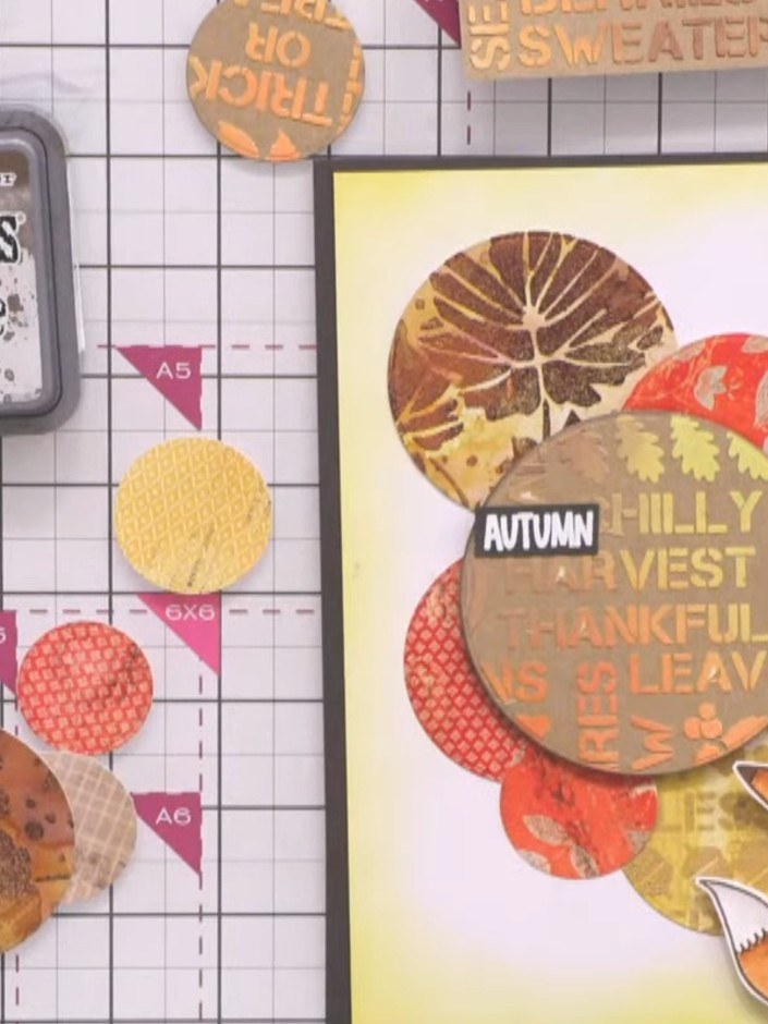 Passo 11: Stamp a sentiment word such as 'Autumn' from the stamp set onto black cardstock, then cut it into pieces and c