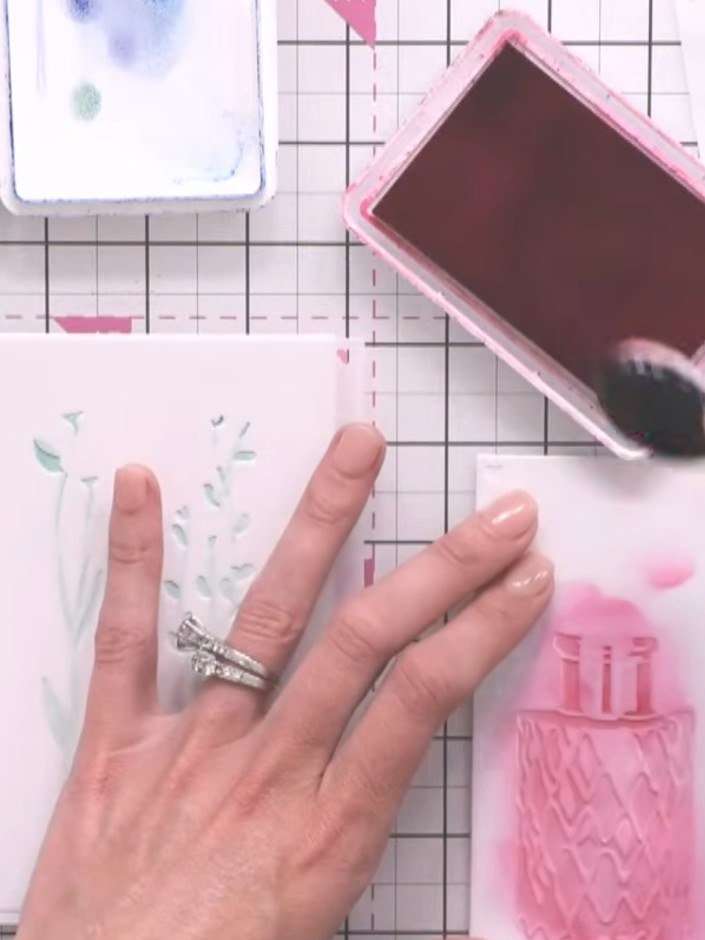 Step 5: Apply stencil number four using brown ink to add the final layer of foliage detail to your card. Use a blendin