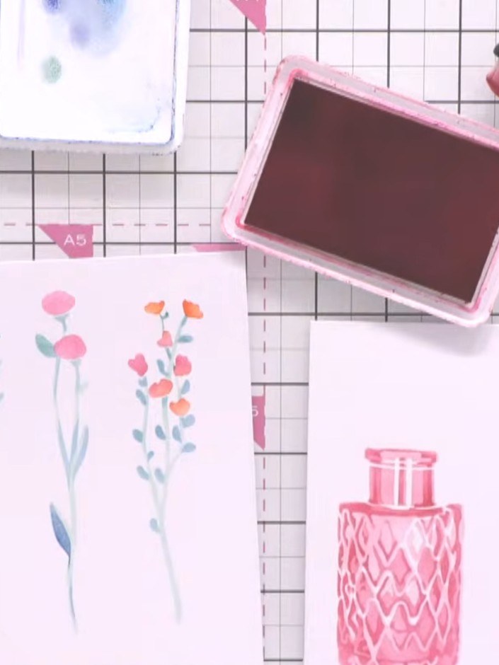 Step 8: Apply the third vase stencil using your chosen accent colour ink with a blending tool to complete the layered 