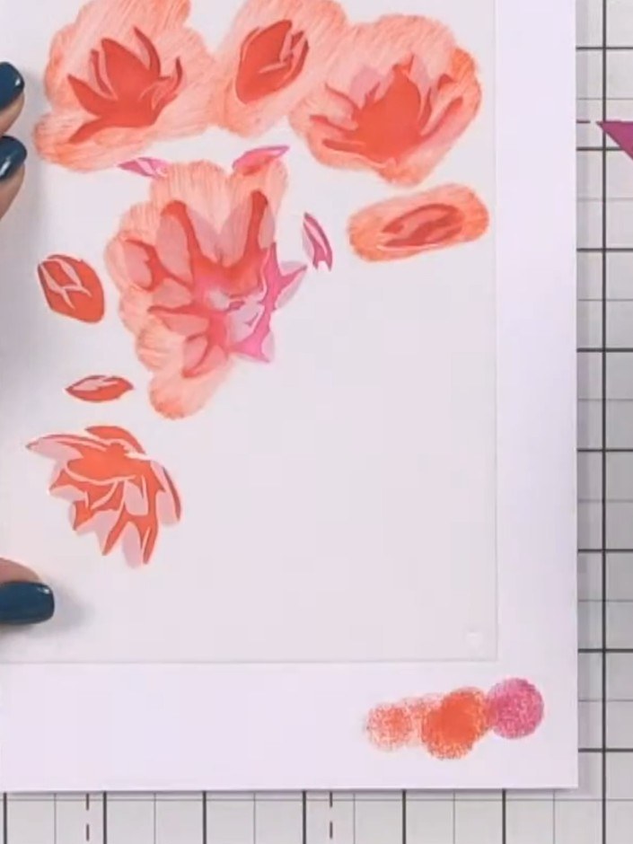 Passo 5: Place stencil three over your design and apply the next colour layer using an ink blending tool. Build up the 