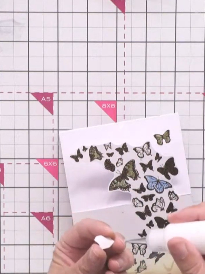 Passo 15: Attach the two individual coloured butterflies to the acetate panel using small dots of glue. Position them to