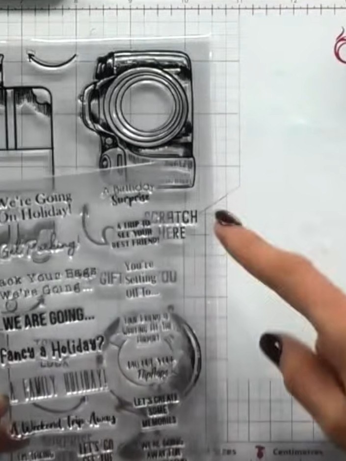 Step 3: Stamp the reveal sentiments and arrows from the stamp set around the scratch-off apertures on your card. Use p