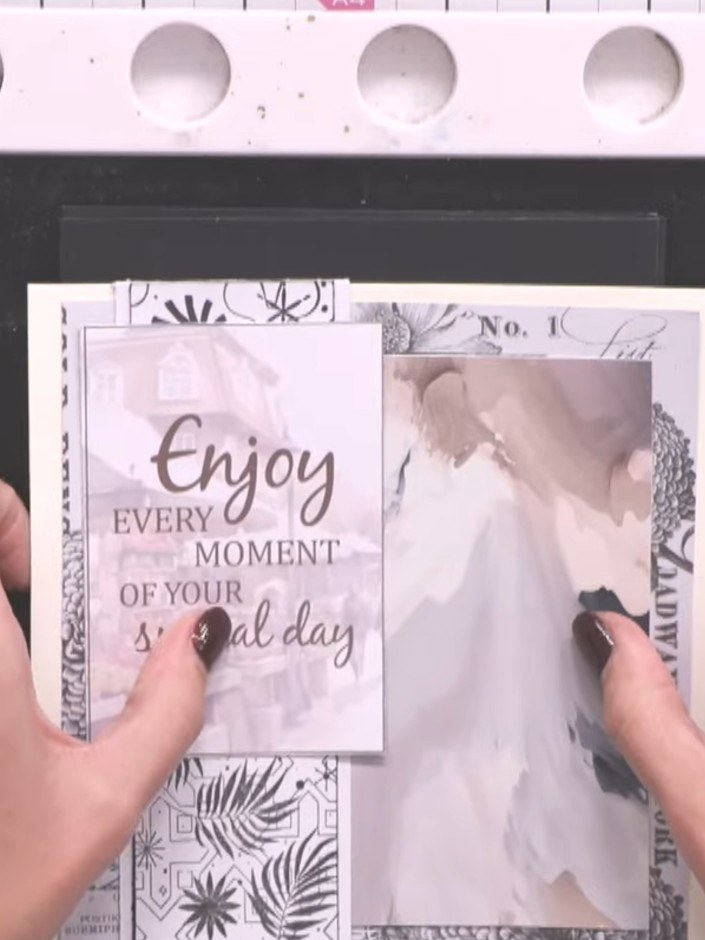 Step 7: Stamp the boy figure from the stamp set in black ink, positioning it to overlap slightly onto the sentiment pa