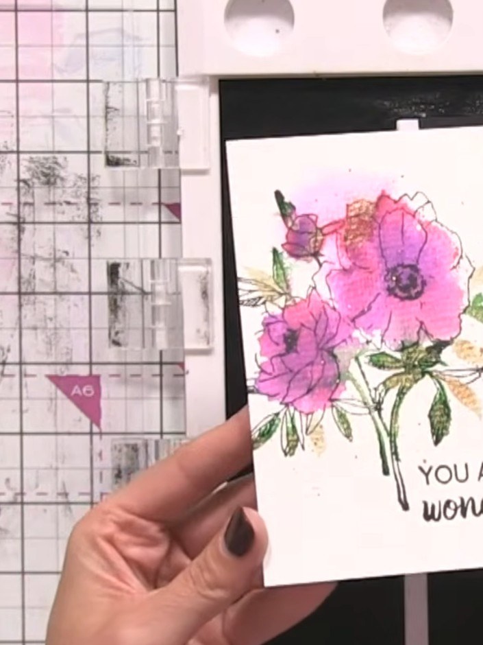 Watercolour Lamination Flower Card with Gold Accents - the finished project