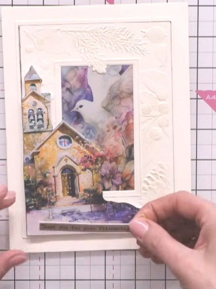 Step 9: Add a sentiment using washi tape, positioning it at the bottom left of the card, just off to the left of the c