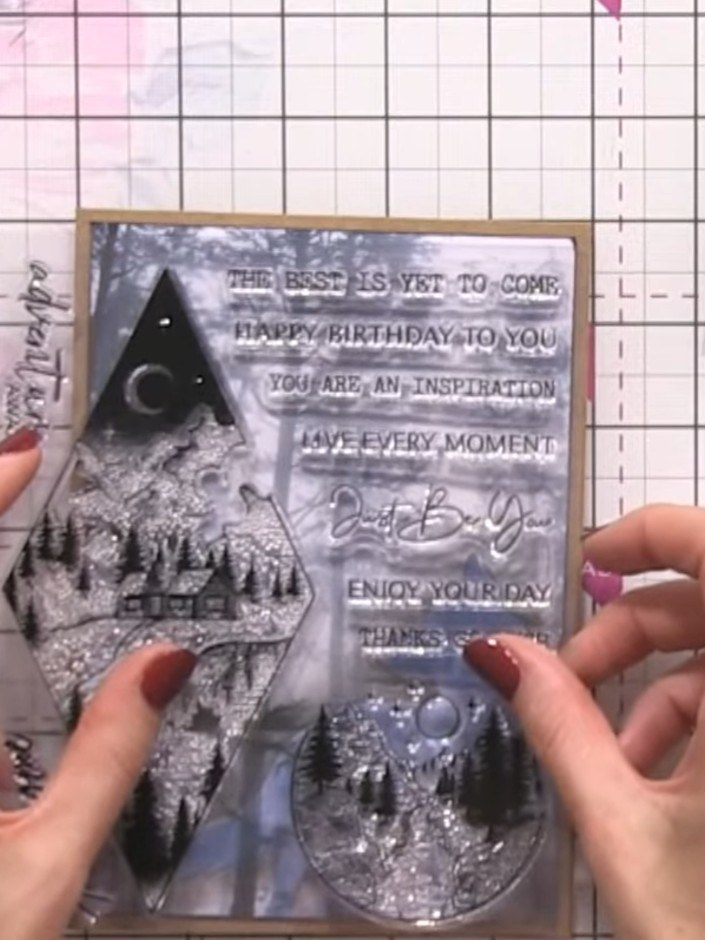 Step 6: Stamp sentiment text from the stamp set onto separate craft-coloured card strips using black ink.