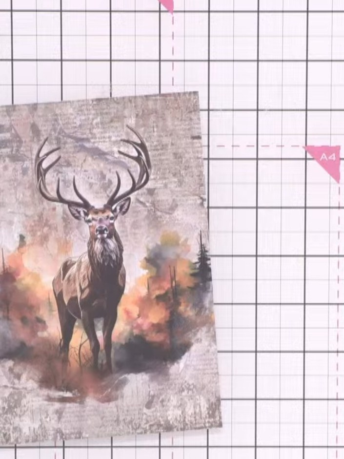 Step 1: Take a painted mount featuring a stag design with trees and autumn colours on a distressed grey background.