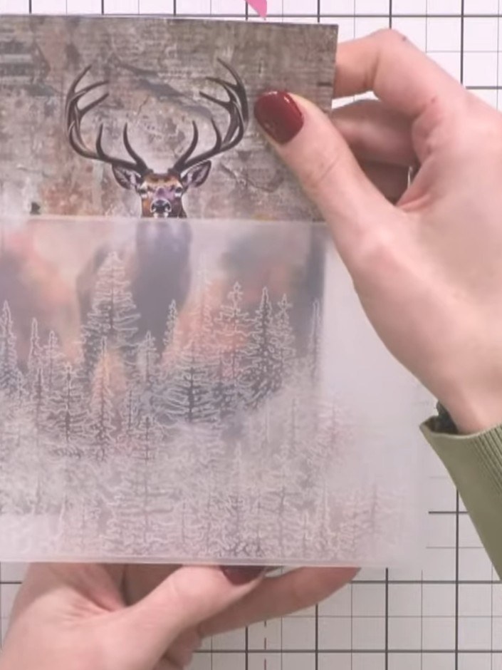 Step 2: Position the embossing folder in landscape orientation so the tree line sits at the bottom of the stag image.