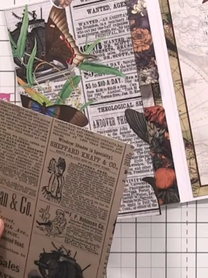 Step 8: Trim a vintage newspaper-style bookmark piece to fit inside the pocket, cutting approximately one inch from th