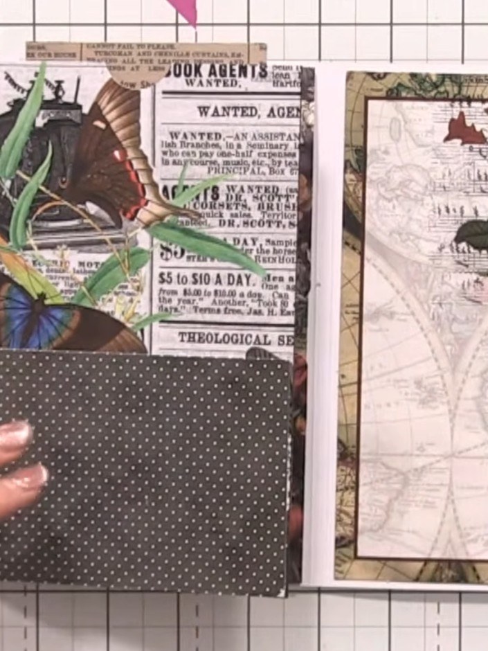 Step 9: Glue the polka dot bookmark piece into the pocket on the collage page, positioning it so it extends above the 