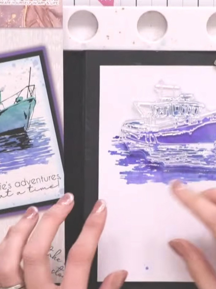 Step 5: Ink the detail portion of the fishing boat stamp with gold embossing ink, carefully applying it to the upper a