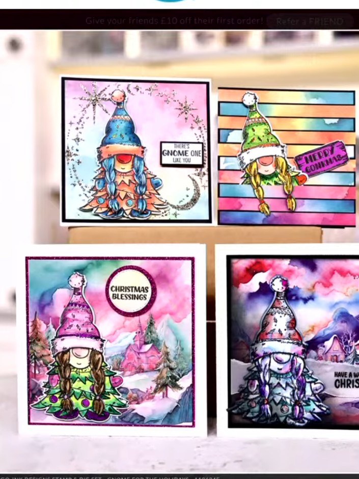 Step 8: Mount the die-cut gnome onto a card base with a patterned paper background. Position the gnome centrally on th