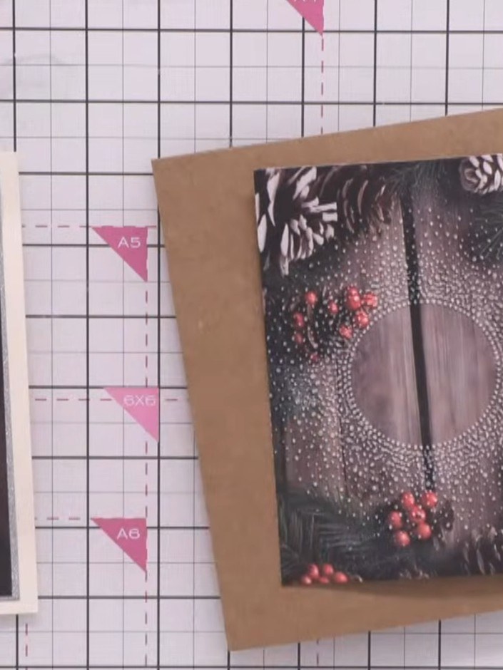 Step 4: Kleb das geprägte Panel auf den Kraftpapier-Kartenrohling. Achte darauf, dass rundherum ein gleichmäßiger roter Rand zu sehen ist.