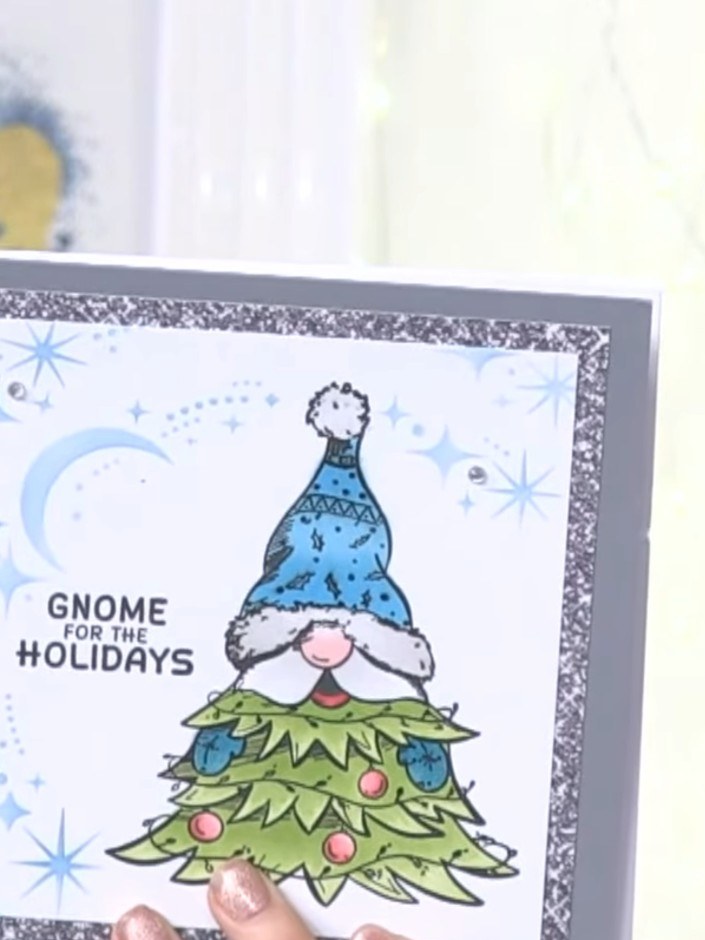 Step 1: Stamp the gnome lady character from the From Our Gnome To Yours stamp set onto watercolour card using black in