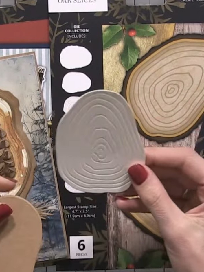 Step 2: Die-cut an oak slice from the Holly & Berry paper collection using the oak slice die. The die-cut will feature