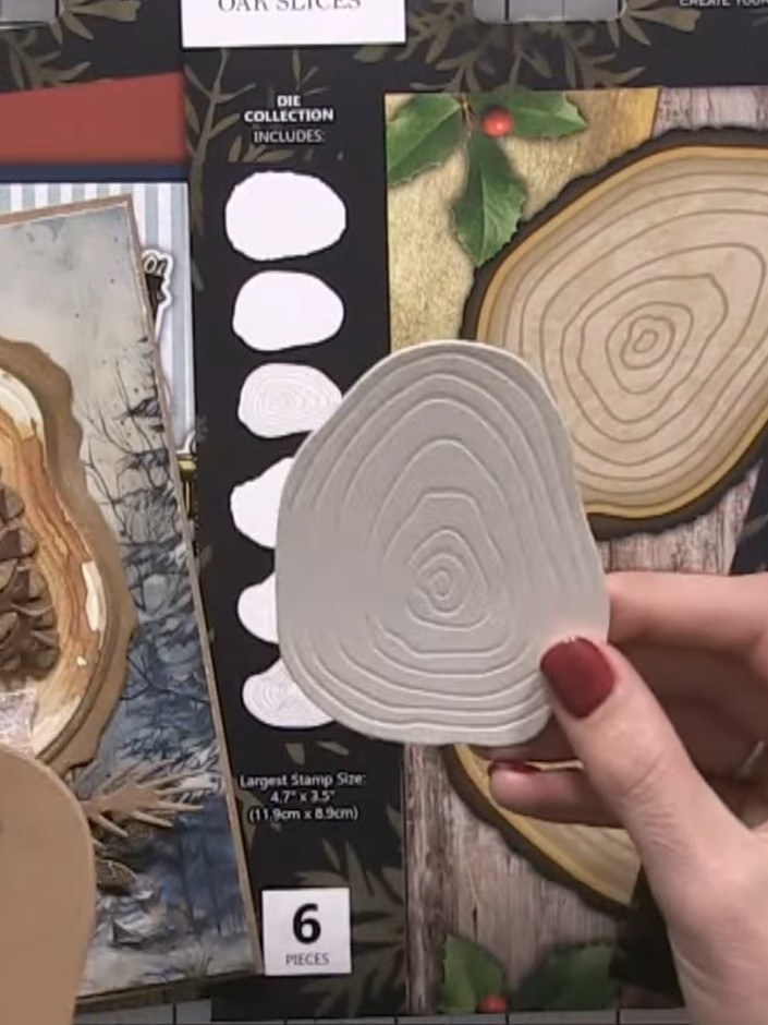 Step 2: Examine the oak slice die-cuts, noting the embossed wood grain texture and concentric ring patterns. The die c