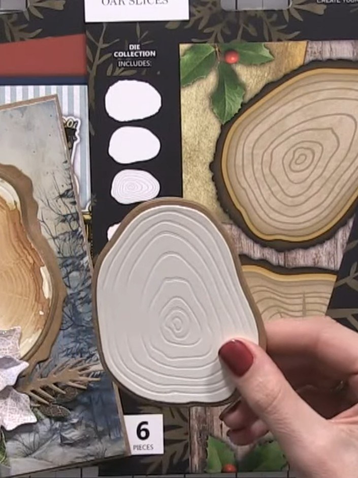 Step 3: Adhere the embossed oak slice die-cut onto a cream cardstock base. The embossed ring detail will show clearly 