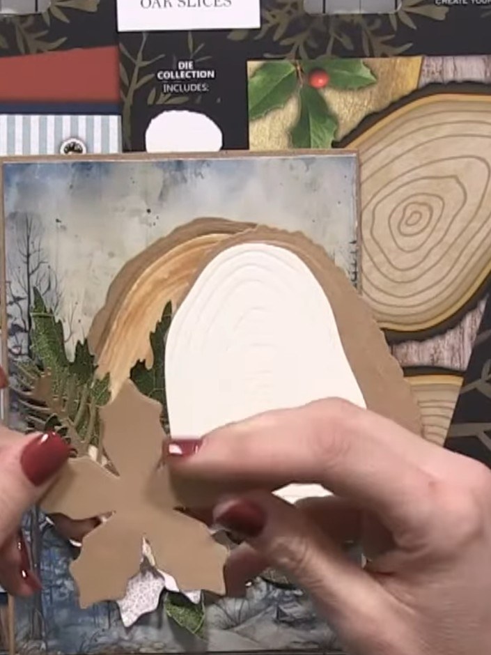 Step 4: Optional: distress the edges of the oak slice die-cuts with brown ink to create a weathered wood appearance. Y