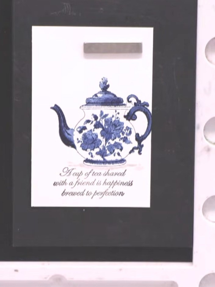 Step 9: Mount the finished stamped teapot panel onto a craft-coloured card blank to complete your card.